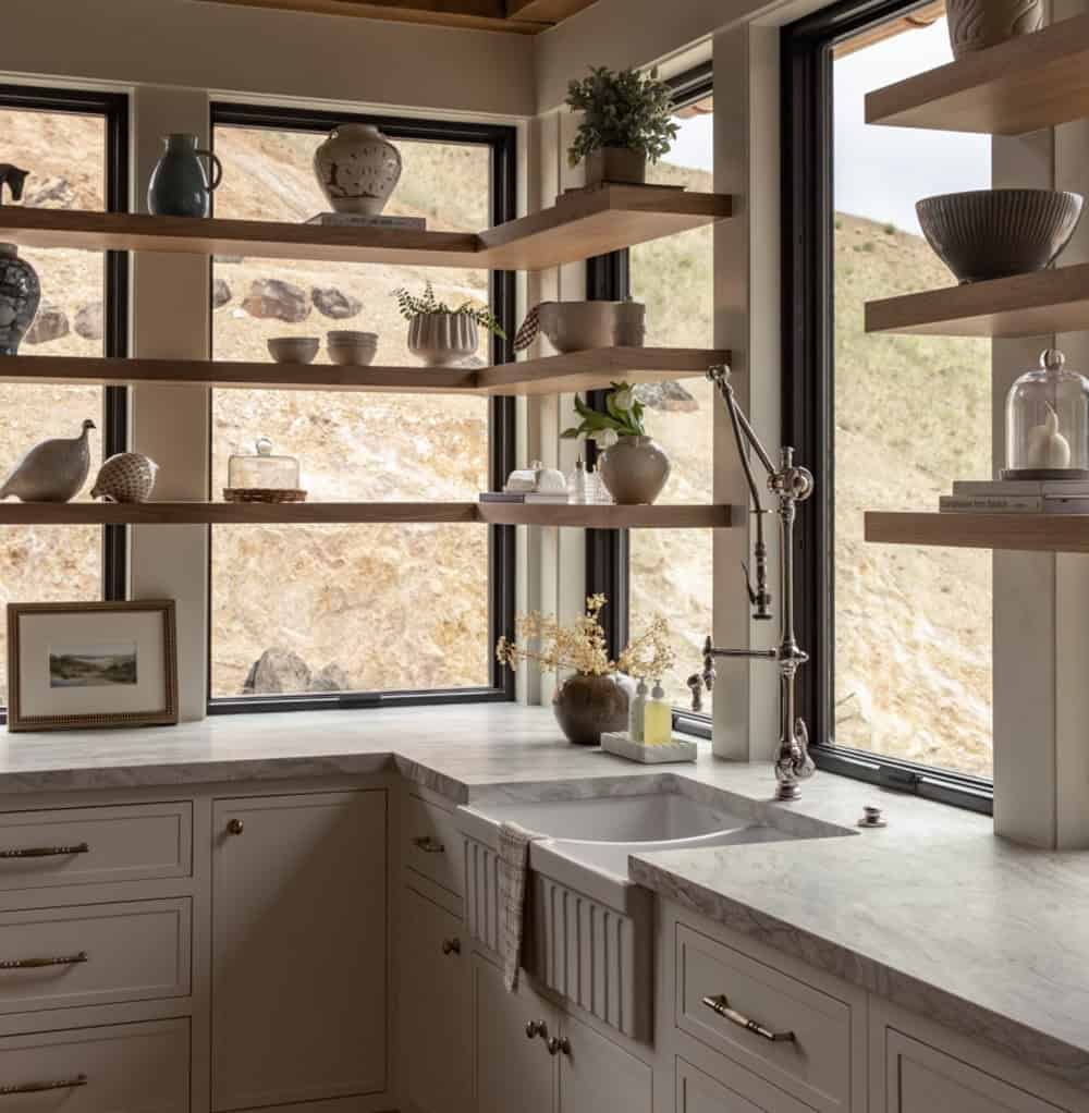 contemporary kitchen with open shelves and a sink