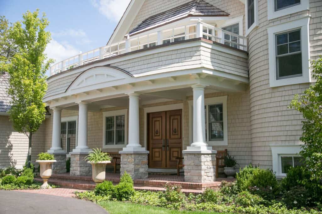 traditional style lake house exterior