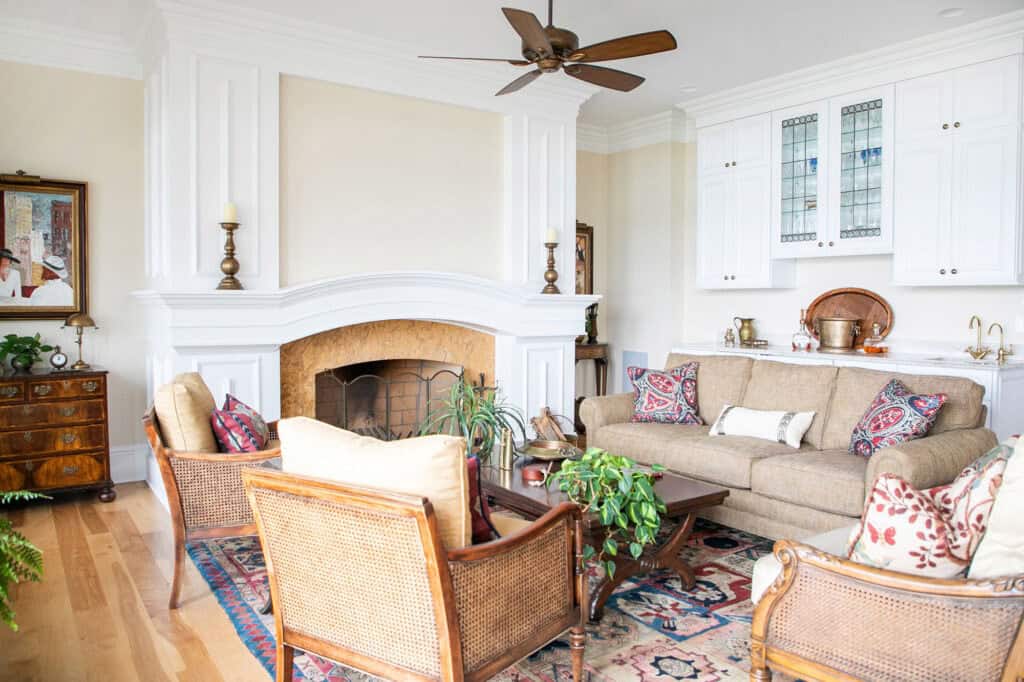traditional style living room with a fireplace