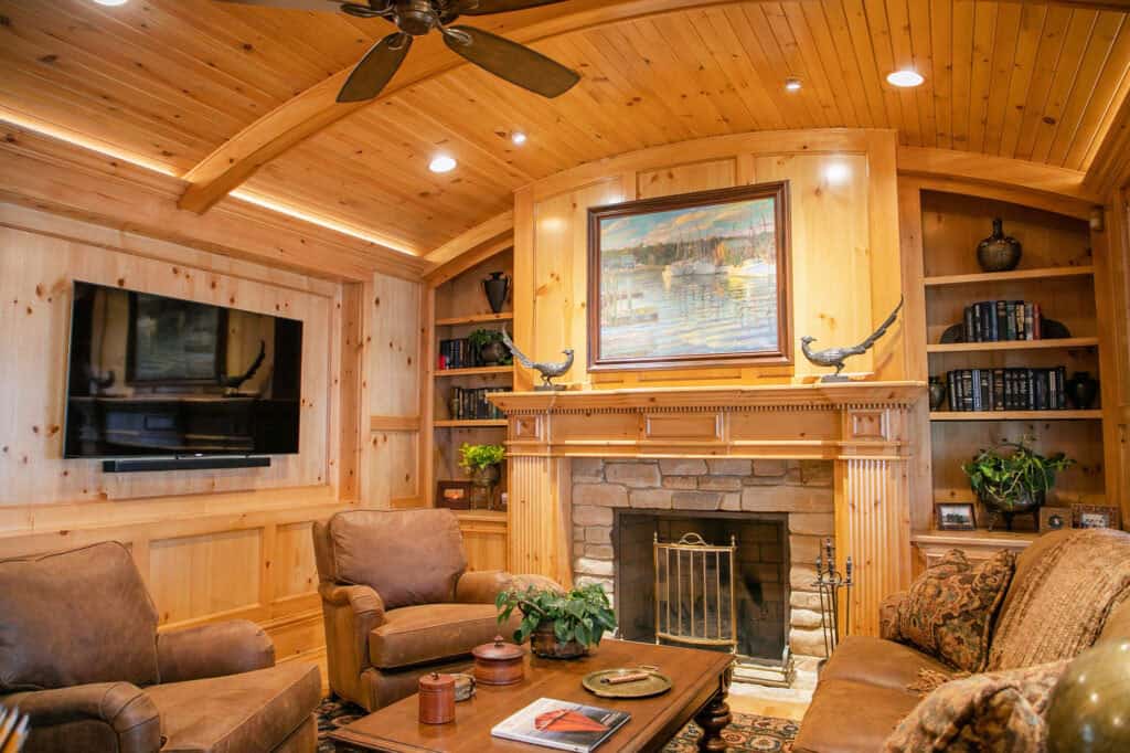 traditional style family room with a fireplace