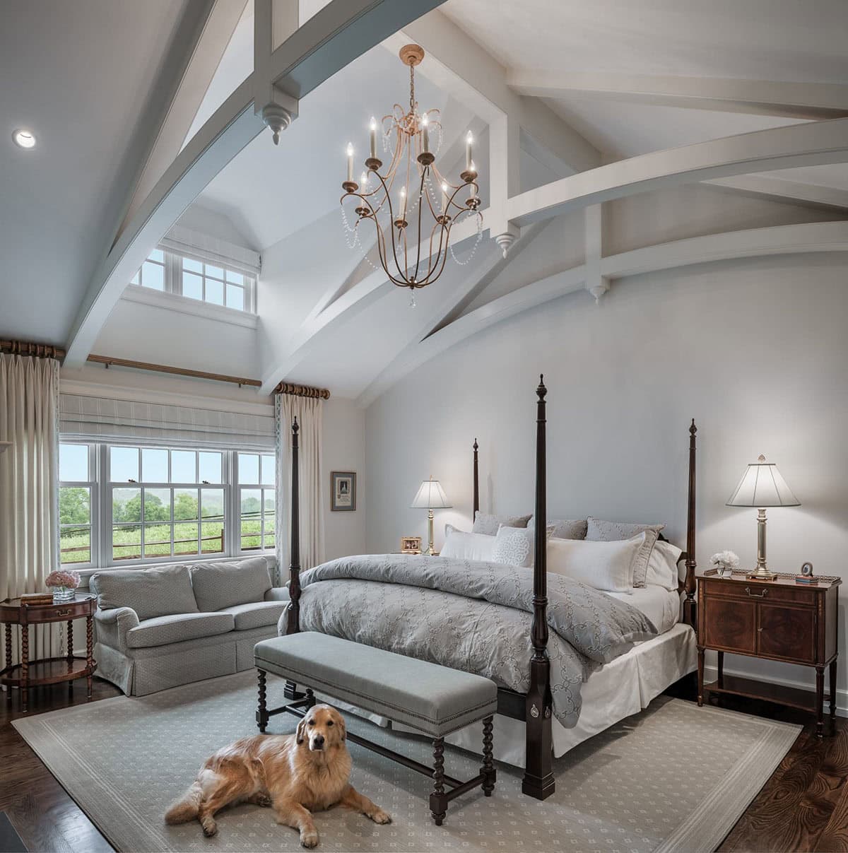 traditional bedroom with a tall ceiling