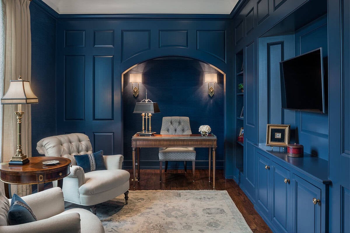 traditional home office with blue walls