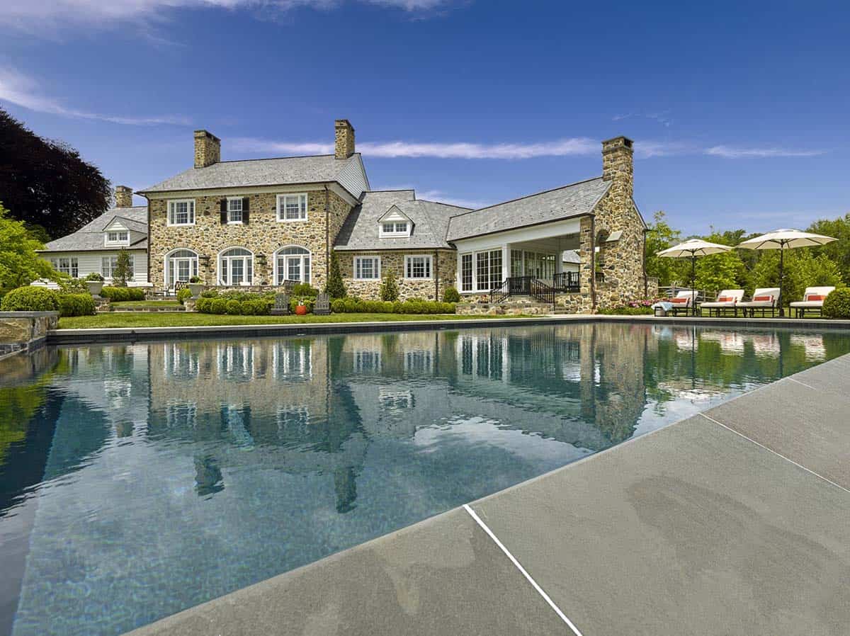 traditional home exterior with a pool