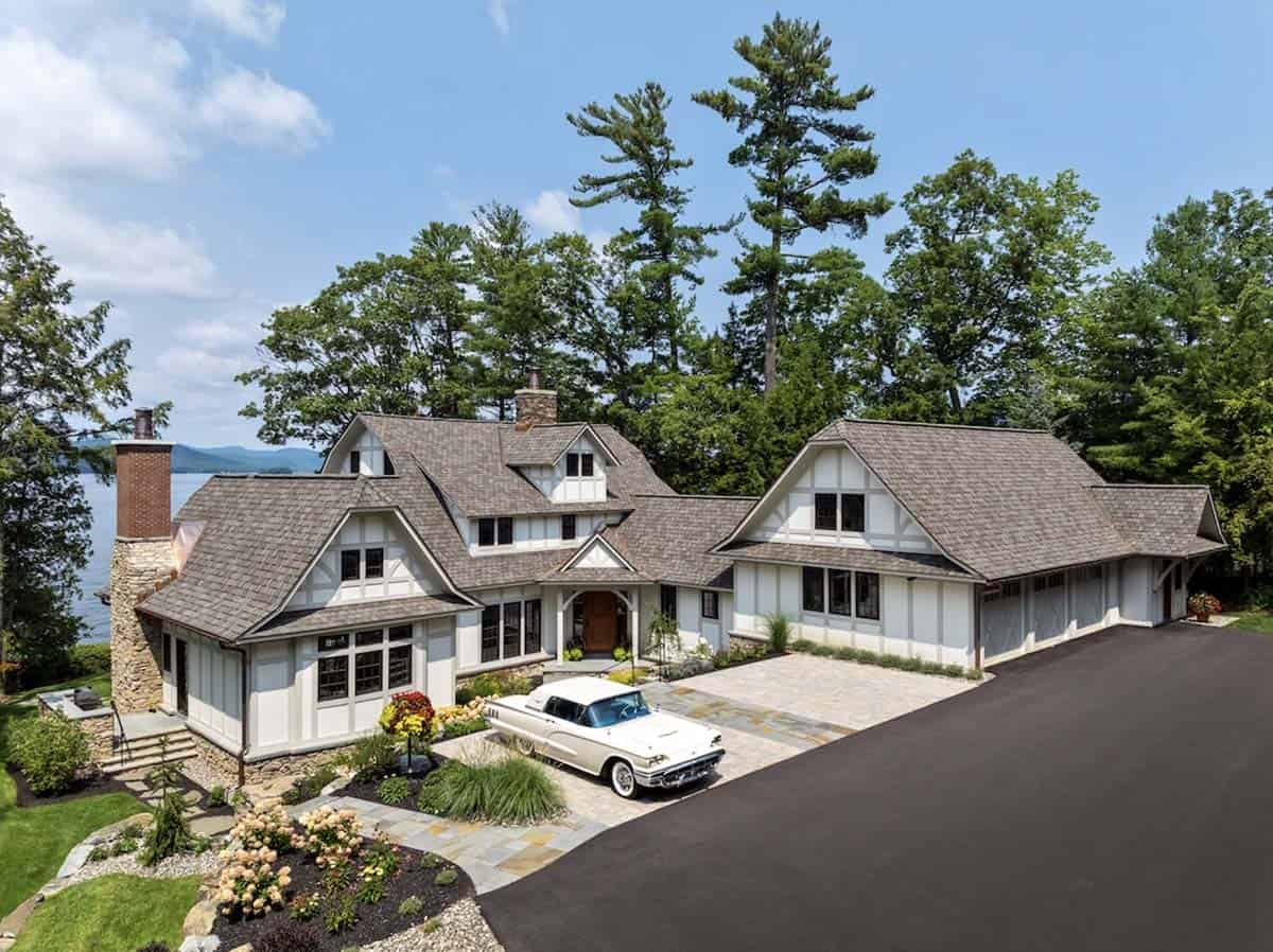 tudor style lake house exterior 