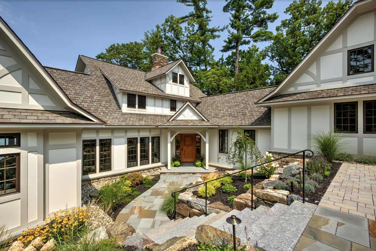 tudor style lake house exterior 