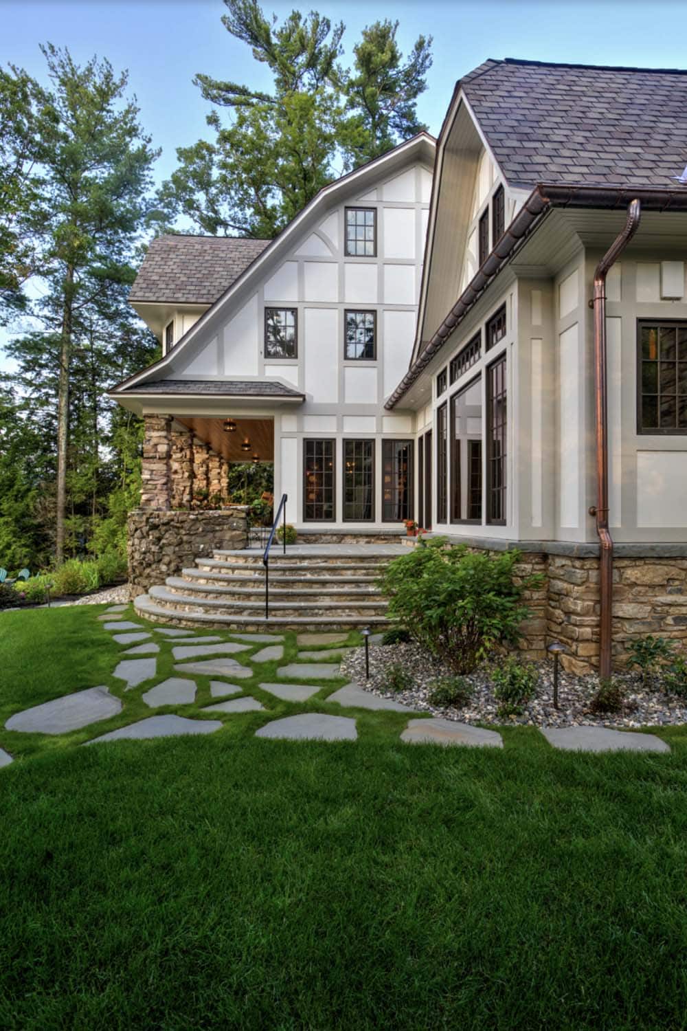 tudor style lake house exterior