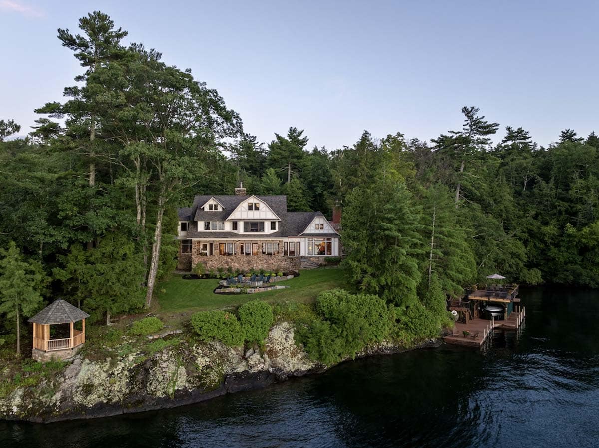 tudor style lake house exterior 