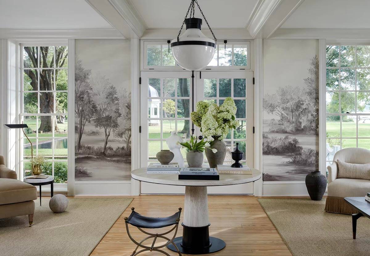 contemporary sitting room with wallpaper