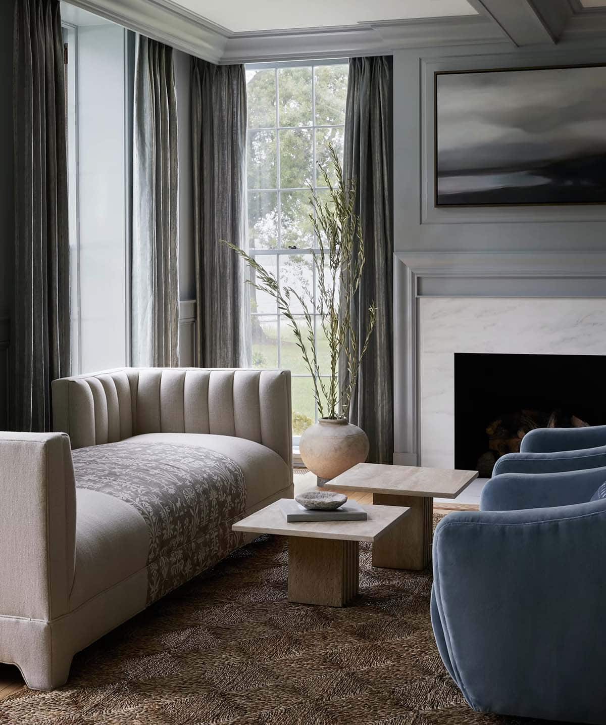 contemporary living room with a fireplace