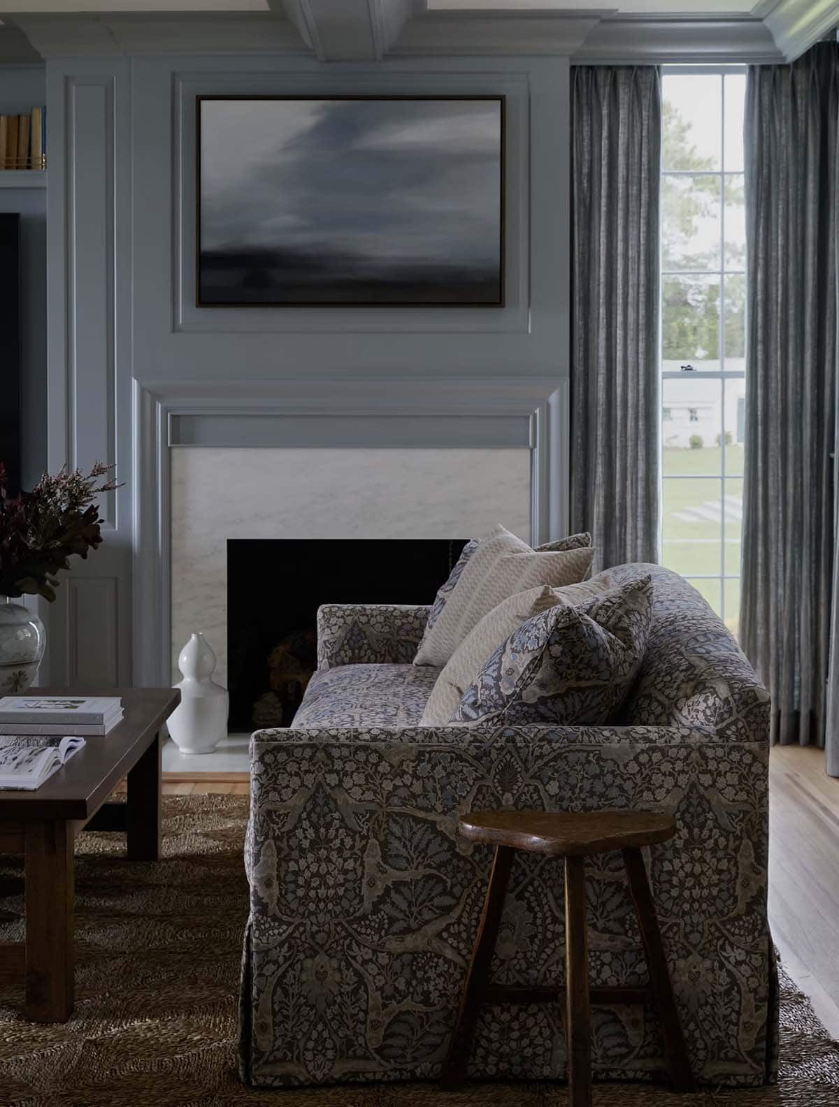 contemporary living room with a fireplace