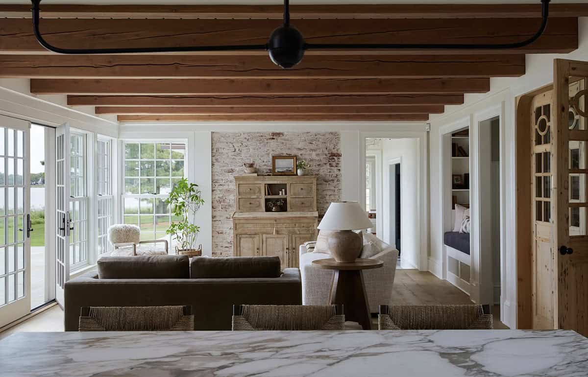 contemporary kitchen looing into the living room