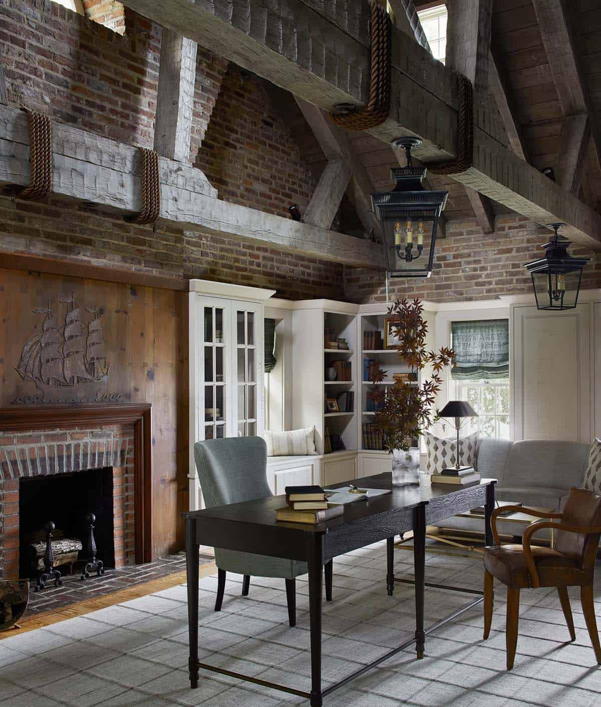 contemporary home office with a fireplace