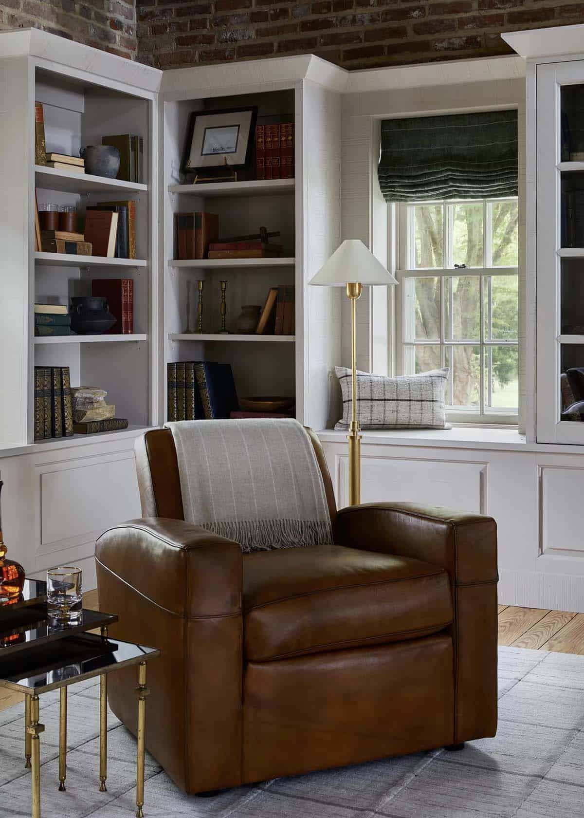 contemporary home office with built-in bookshelves