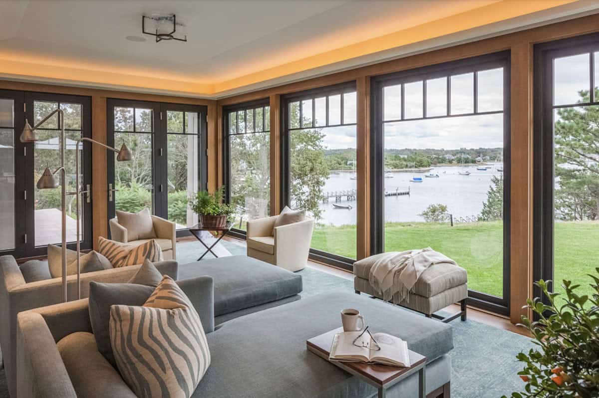 beach style living room with large windows