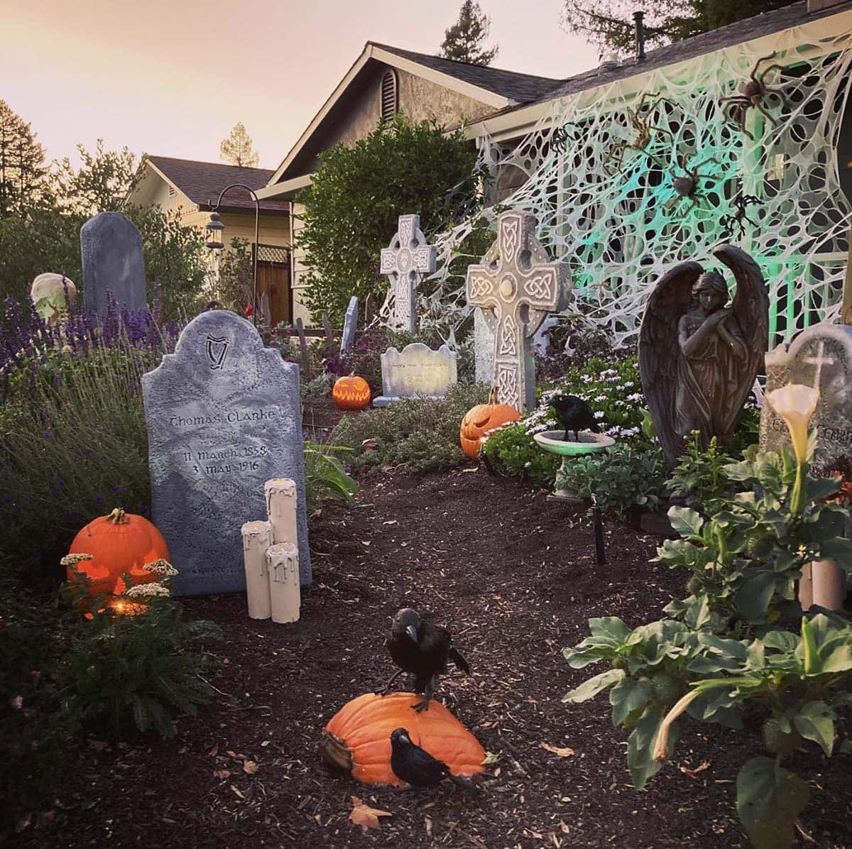 creepy graveyard scene decorated for halloween