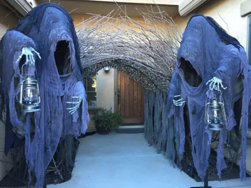 halloween decorated haunted house entrance