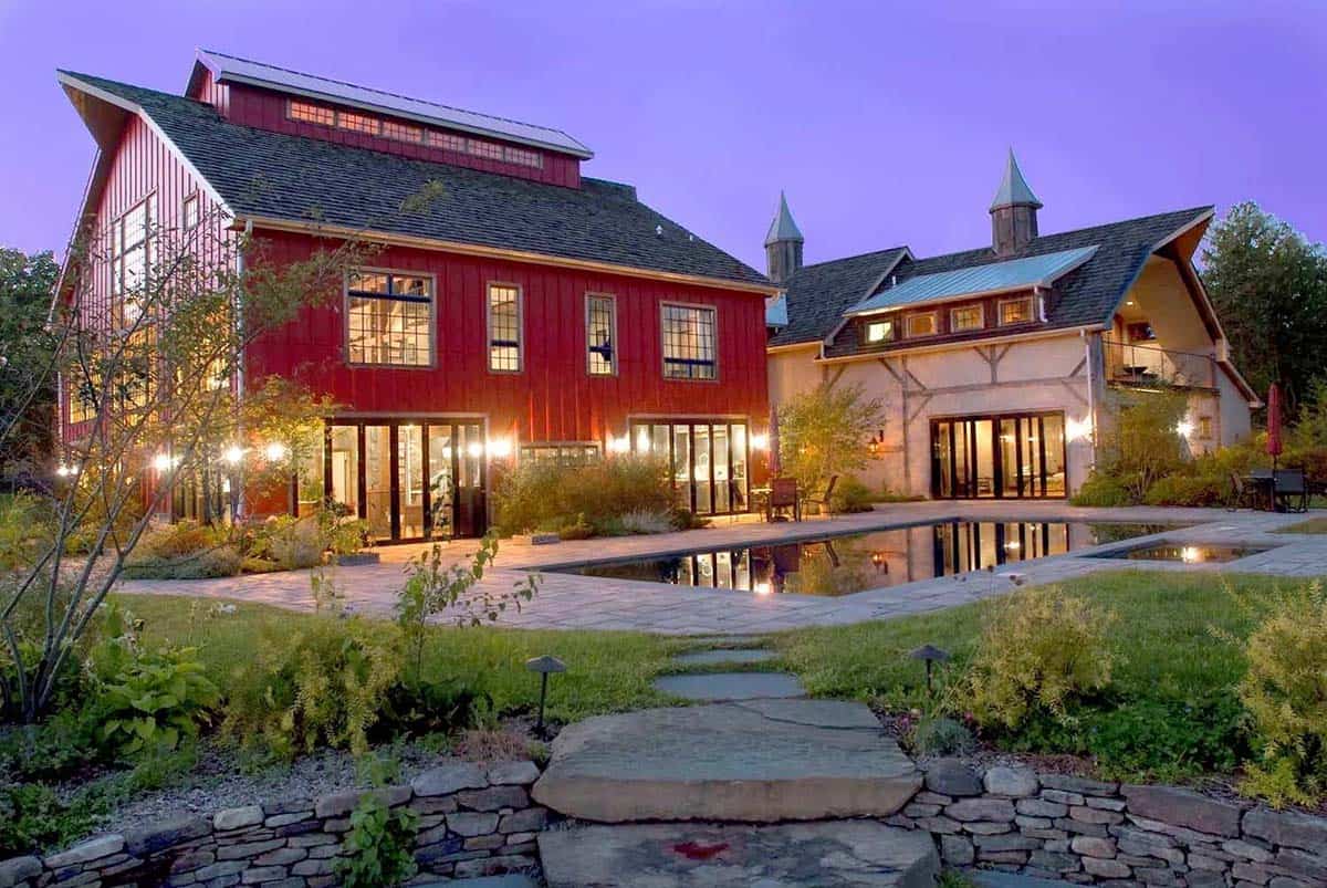 rustic modern barn house exterior with a pool
