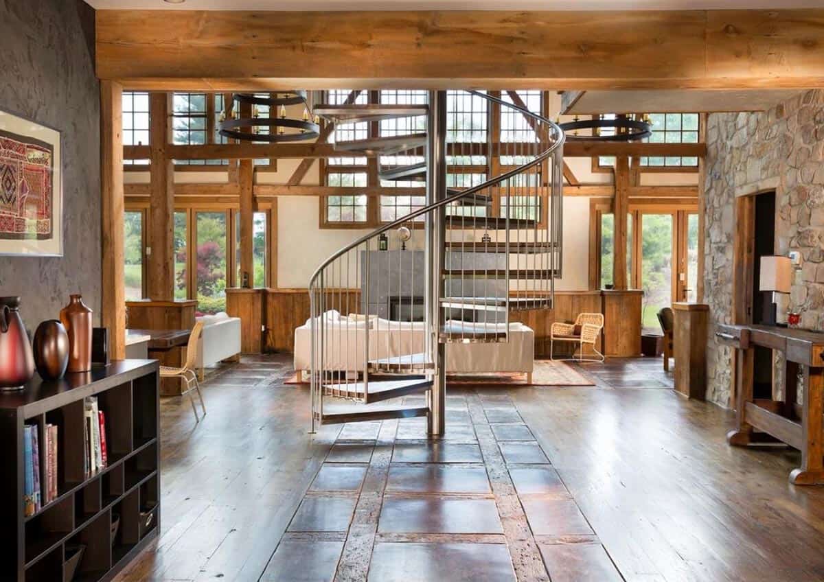 traditional living room with a spiral staircase