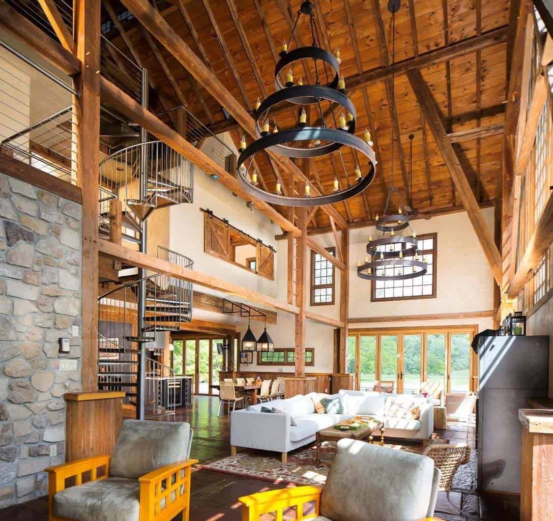 traditional living room with a two-story ceiling