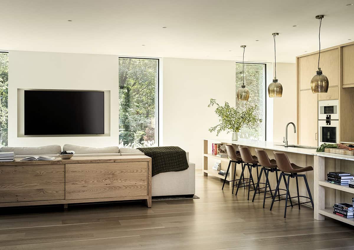 contemporary living room and kitchen