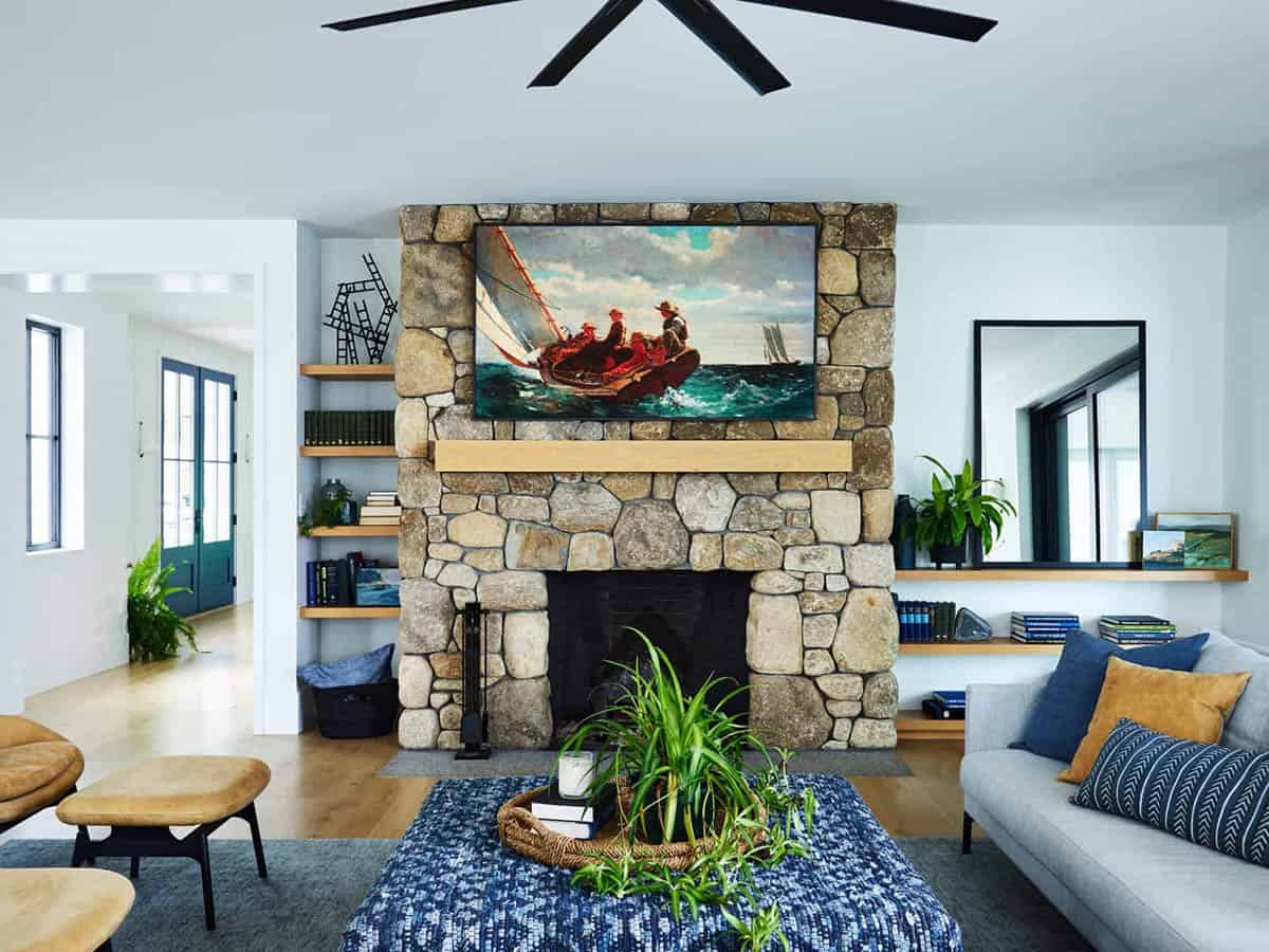 coastal modern farmhouse living room with a fireplace