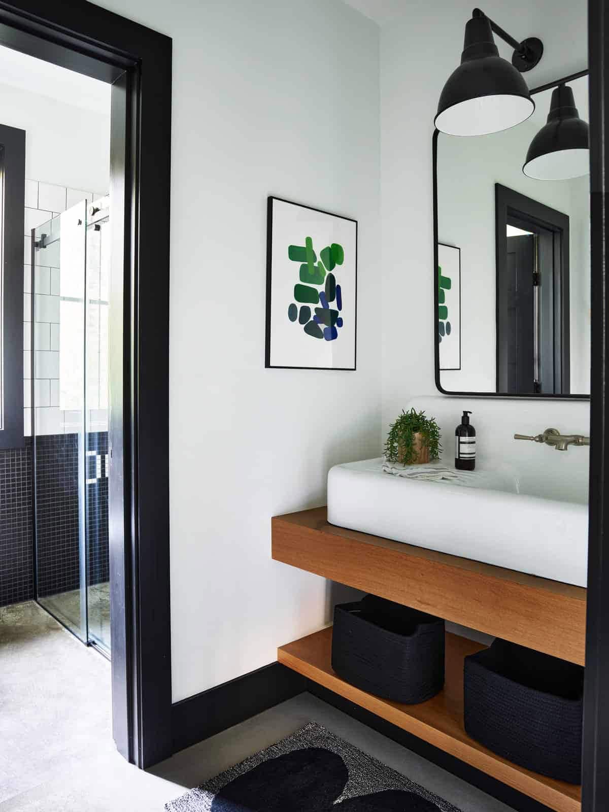 coastal modern farmhouse style pool house with a bathroom