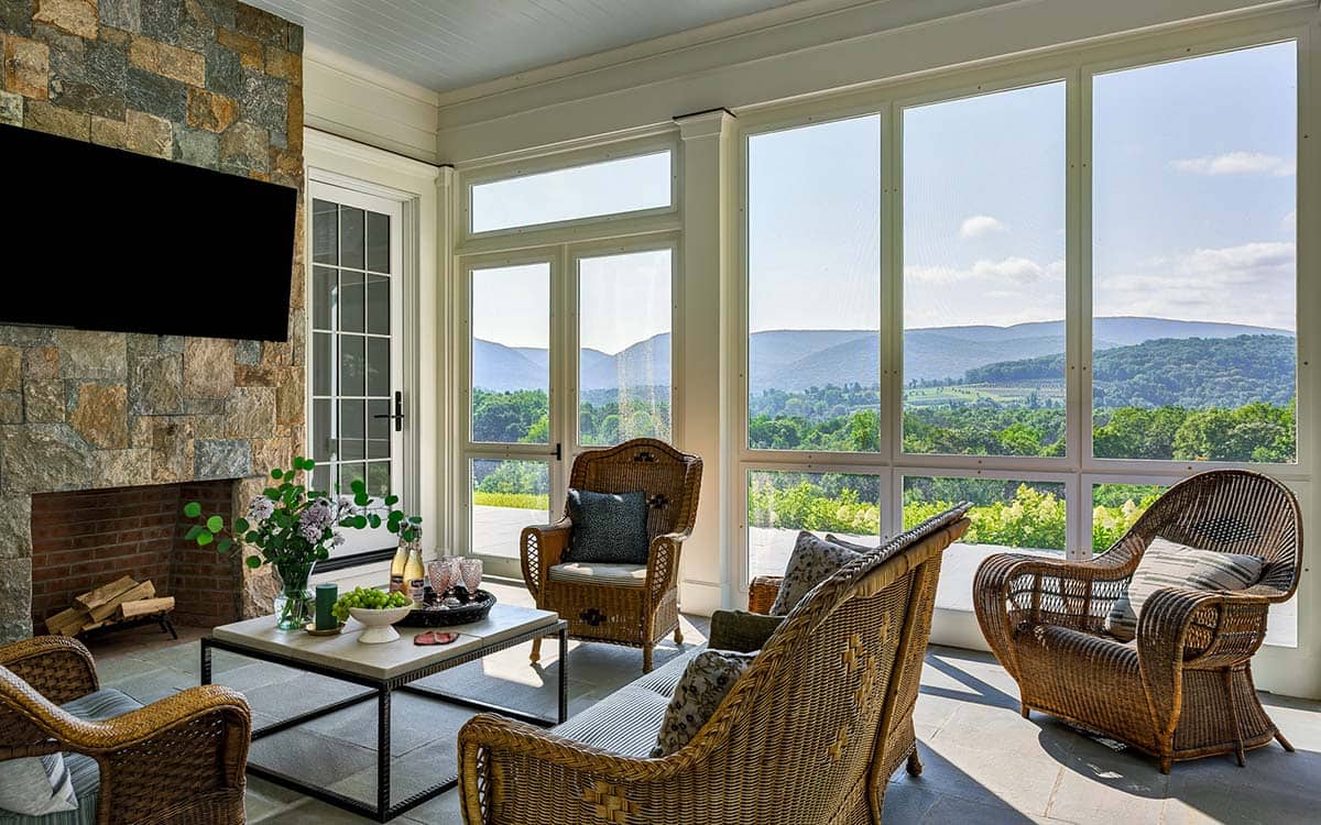 modern farmhouse style family room with large windows