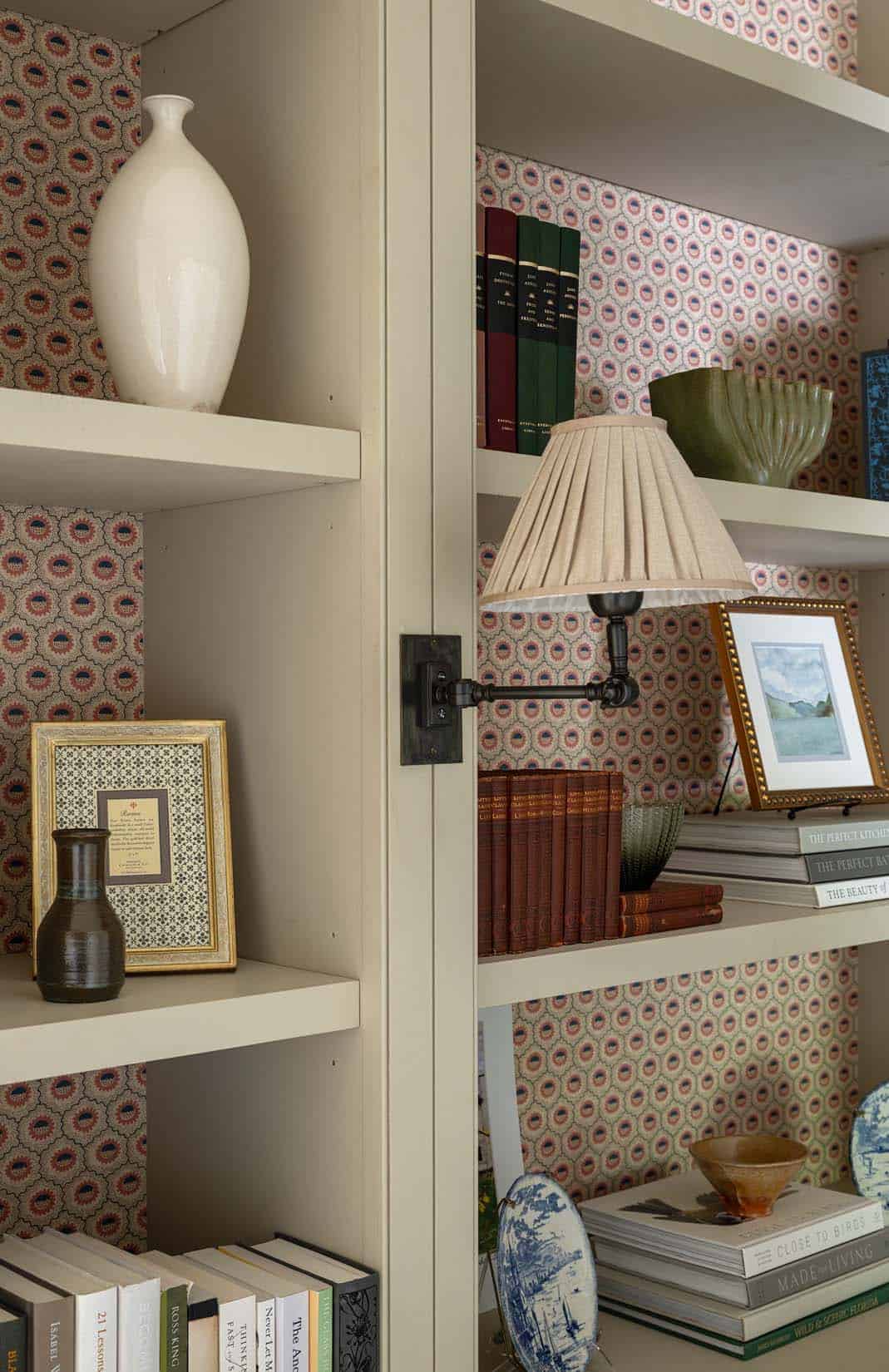 modern farmhouse style family room open shelf detail