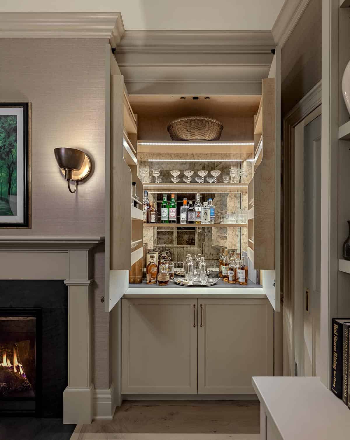 modern farmhouse style family room with a built-in wet bar