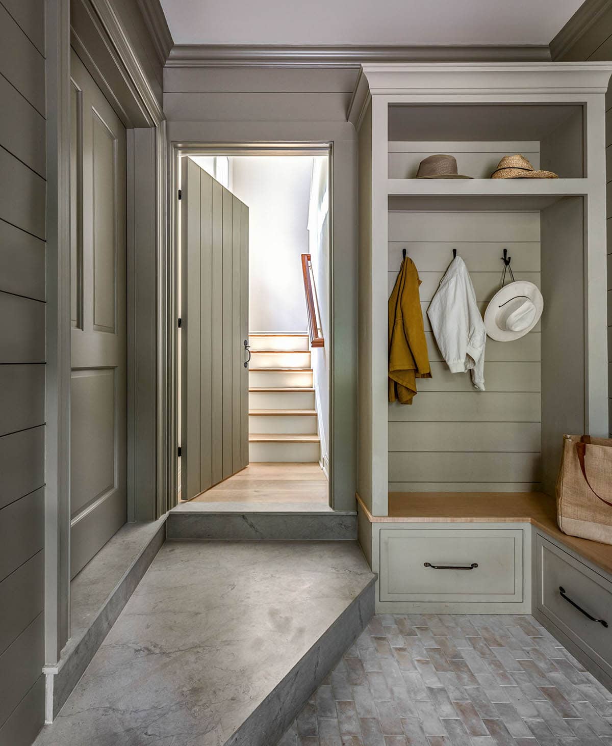 modern farmhouse style mudroom with built-in storage