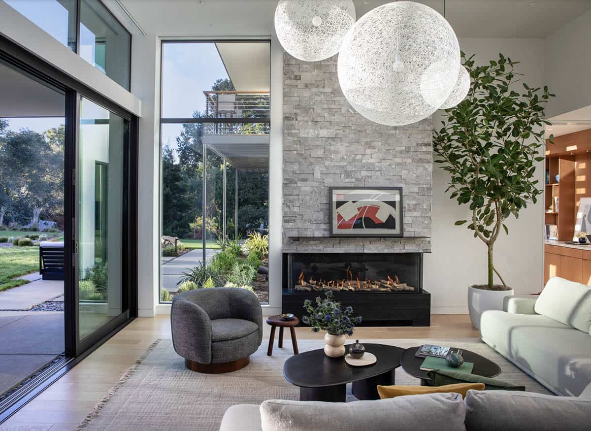 contemporary living room with a fireplace