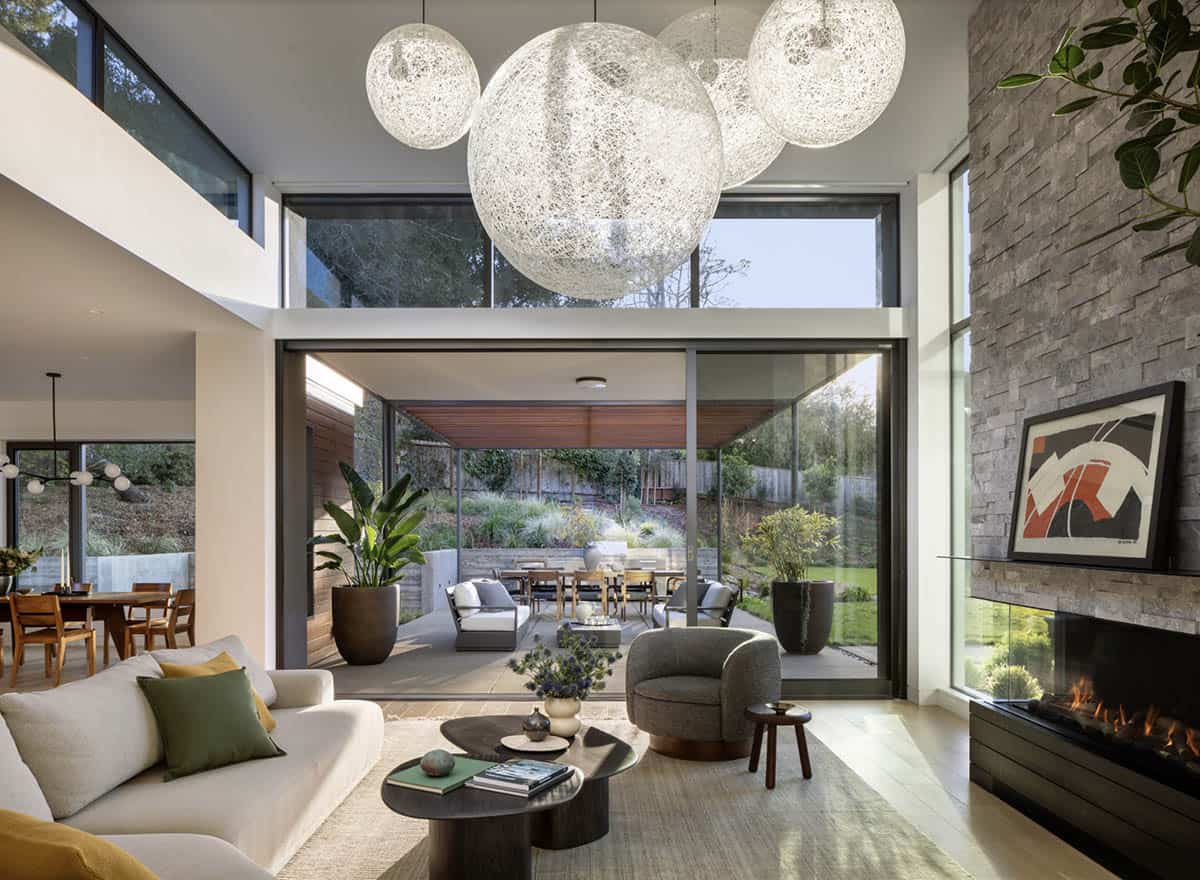 contemporary living room with sliding glass doors