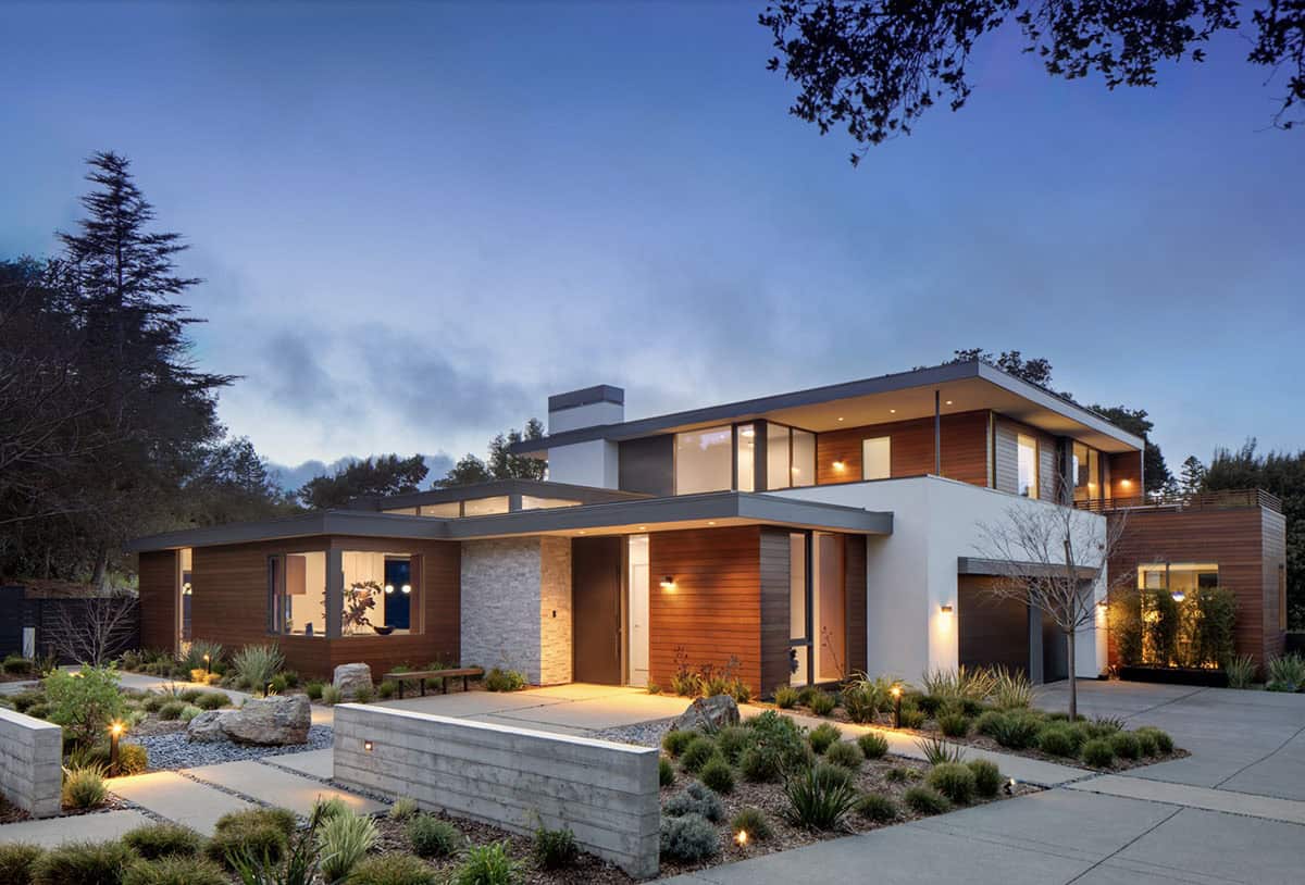 contemporary home exterior at dusk