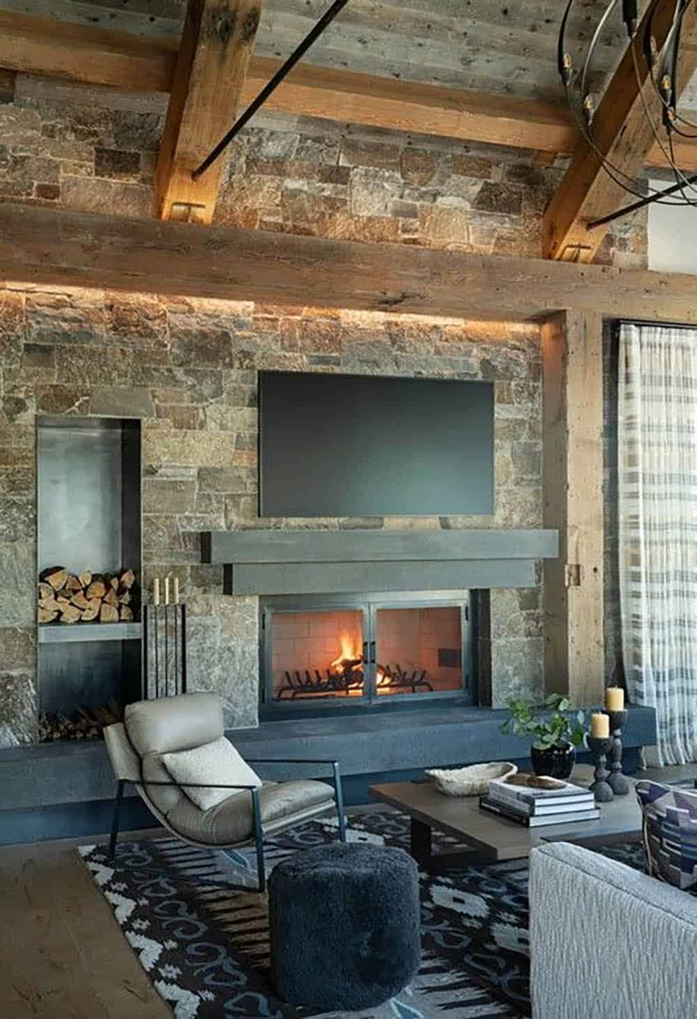 contemporary mountain house living room with a fireplace
