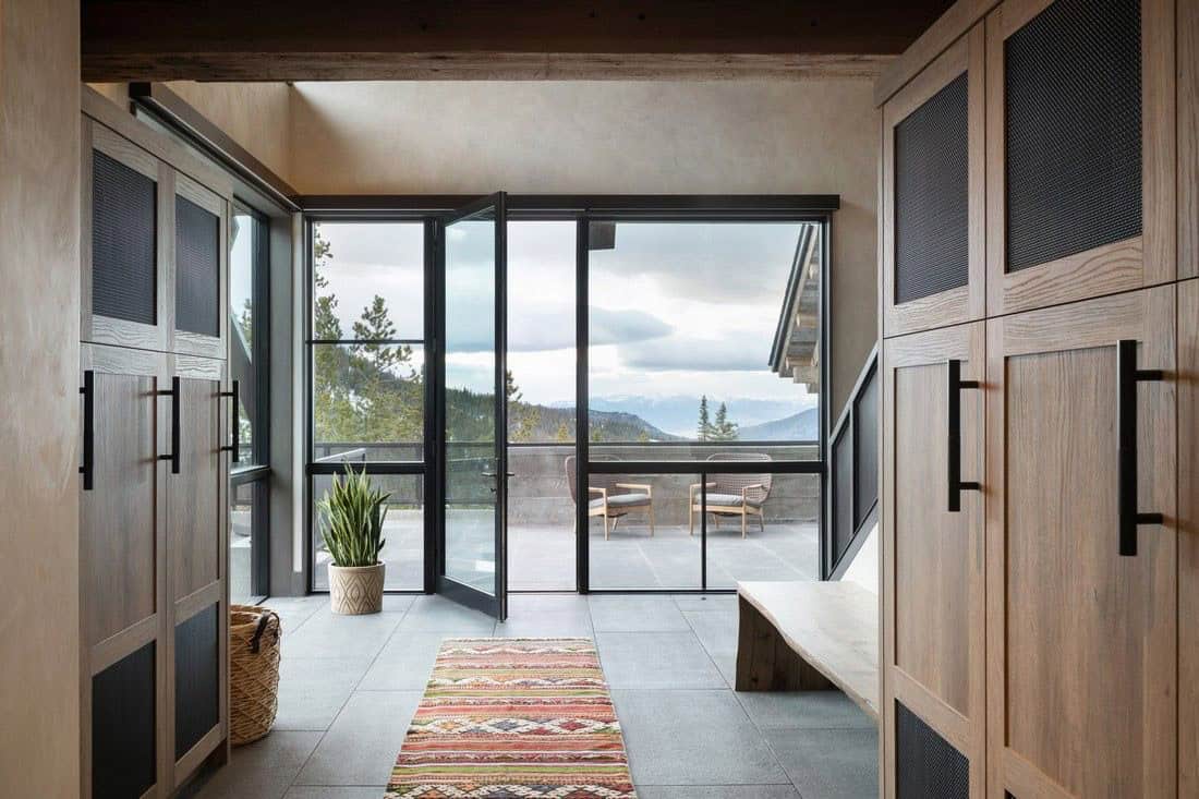 contemporary mountain house ski storage room