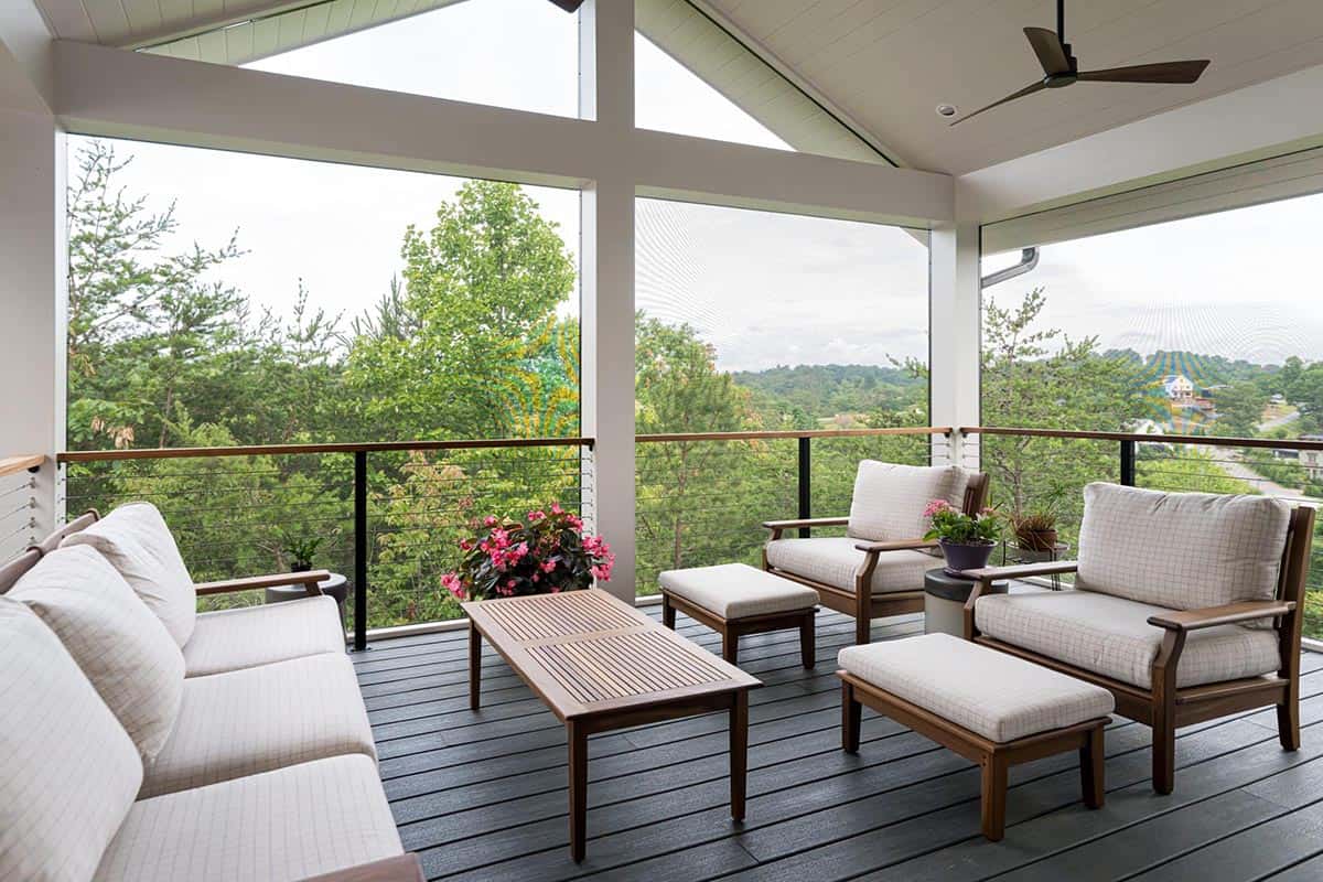 contemporary covered porch with outdoor furniture