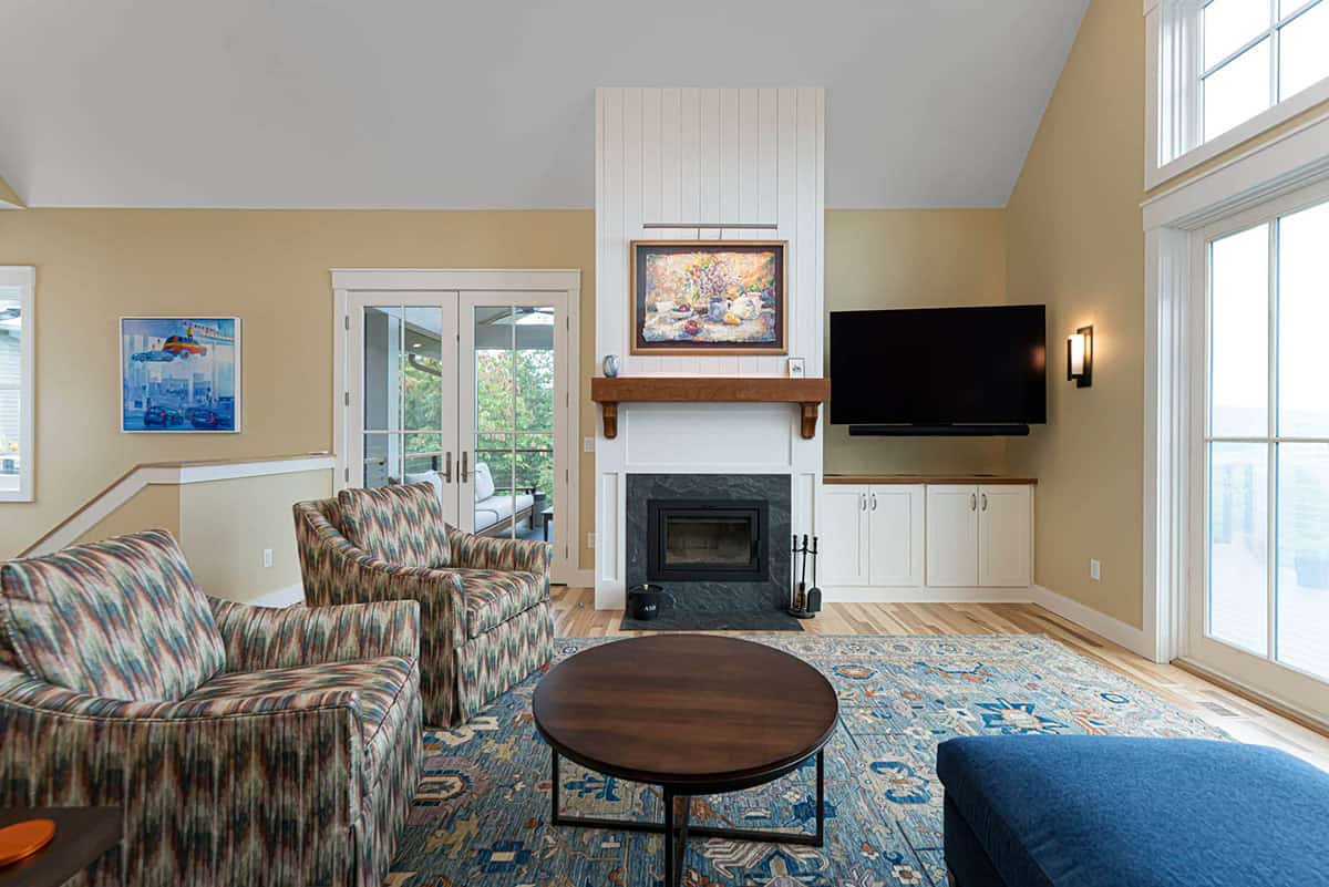 contemporary living room with a fireplace