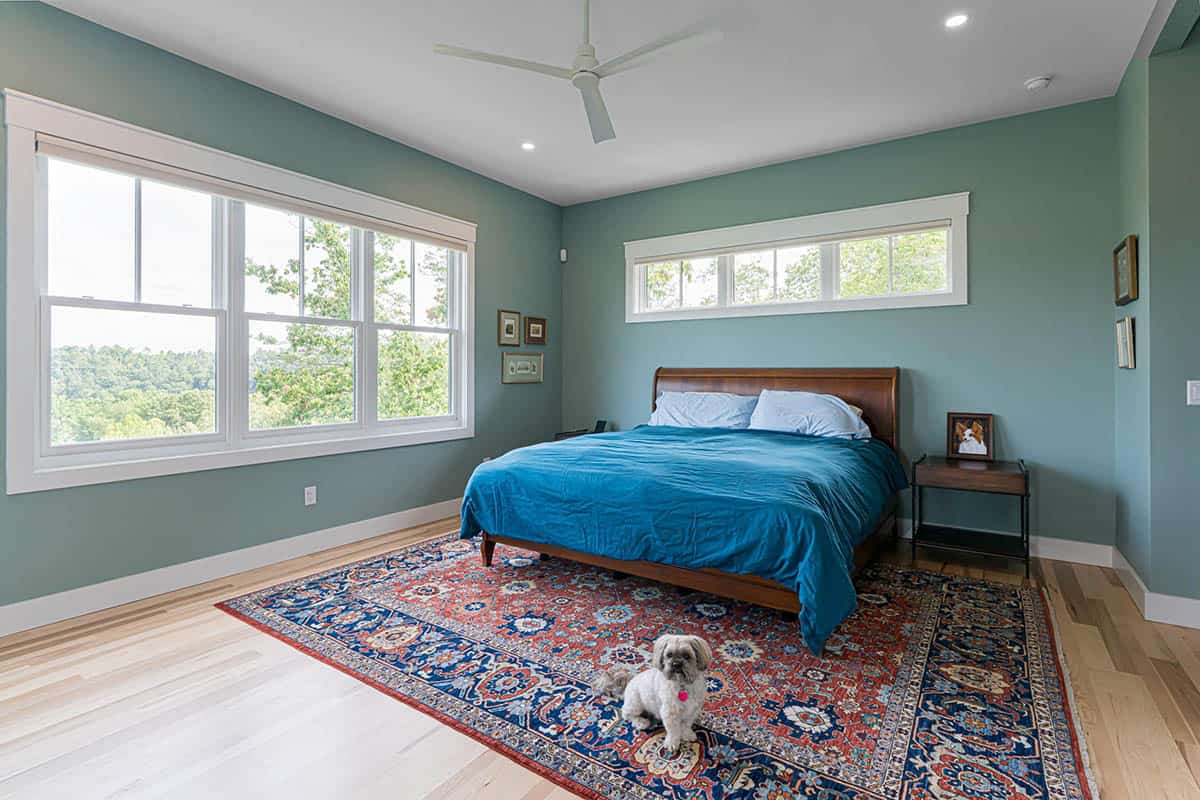 contemporary bedroom with an area rug
