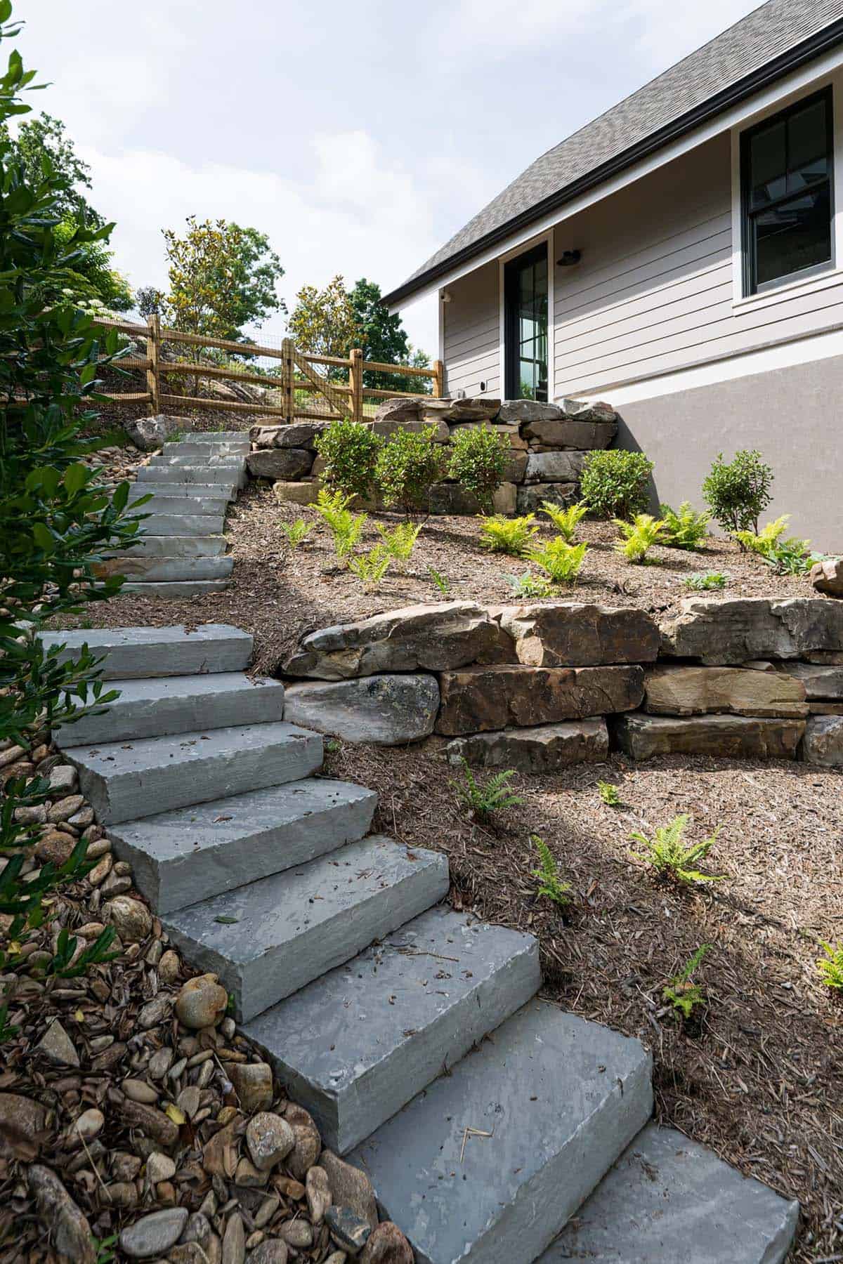 mountain modern home exterior with steps down to the backyard
