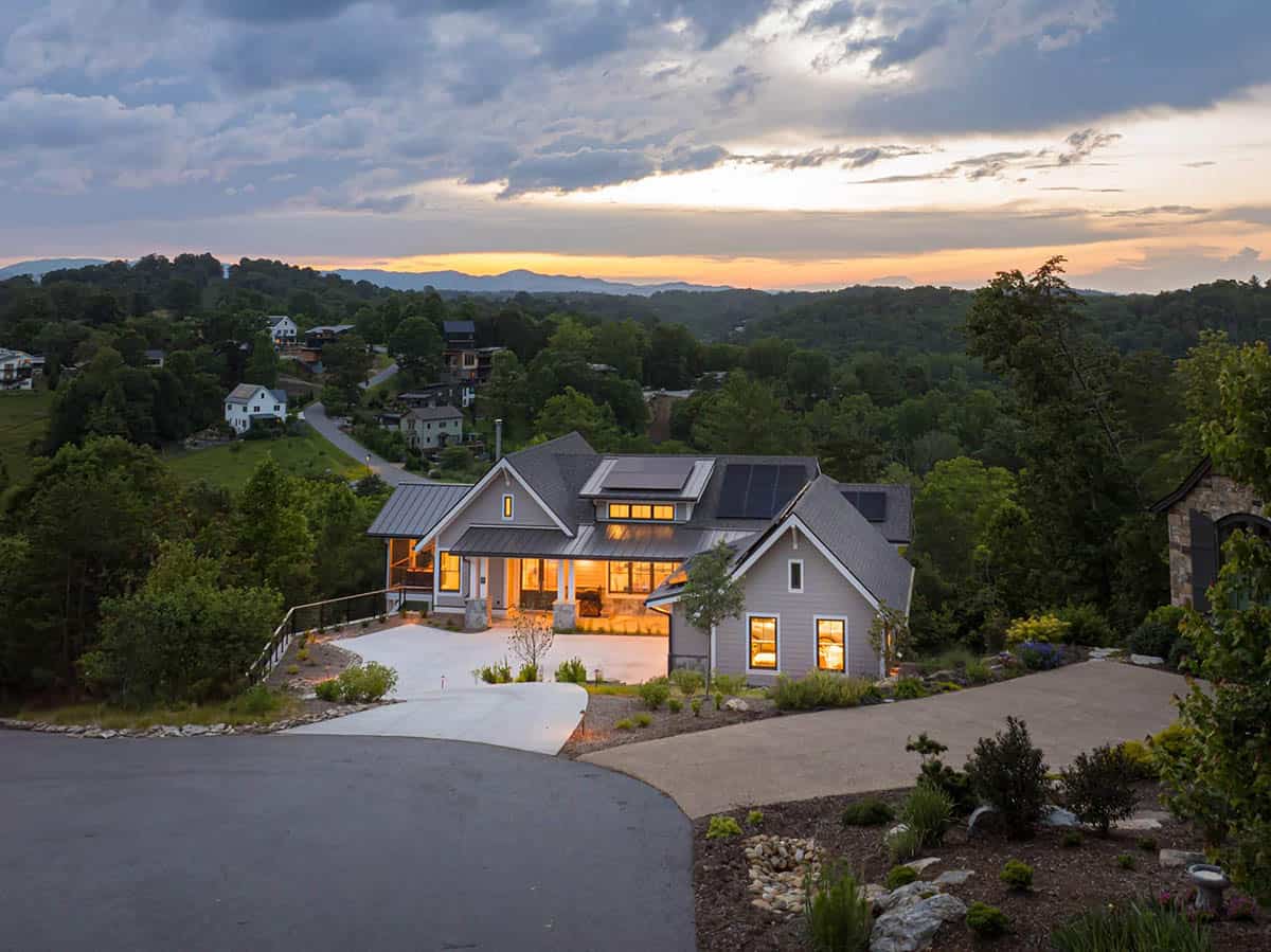 mountain modern home exterior at dusk