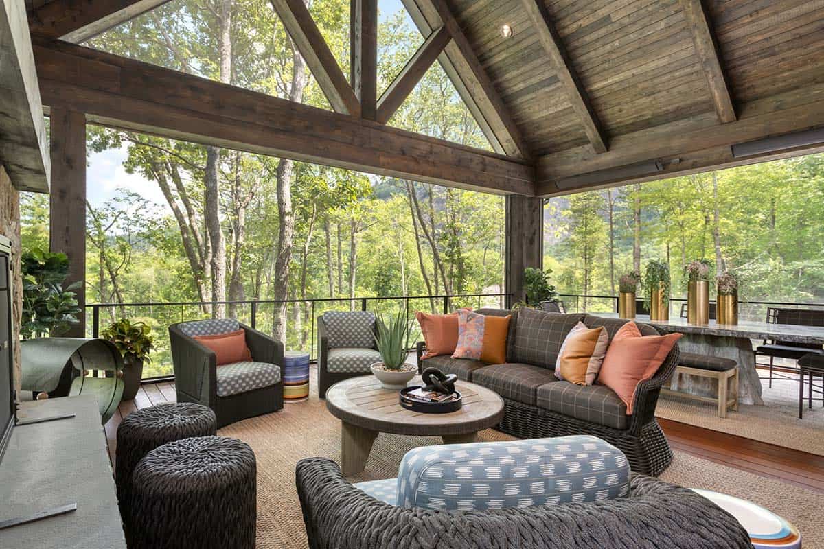 contemporary mountain home covered porch with outdoor furniture