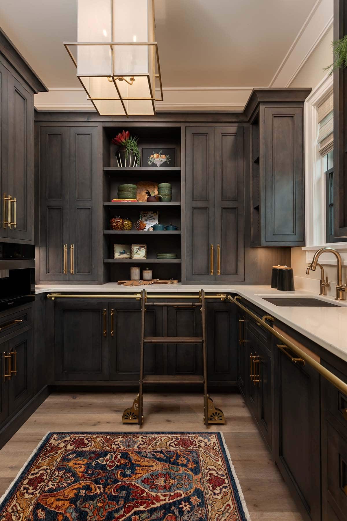contemporary kitchen pantry with a rolling library ladder