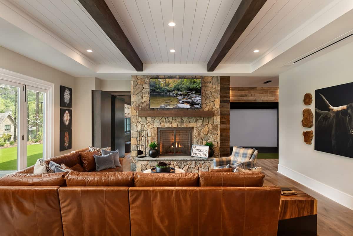 contemporary family room with a fireplace