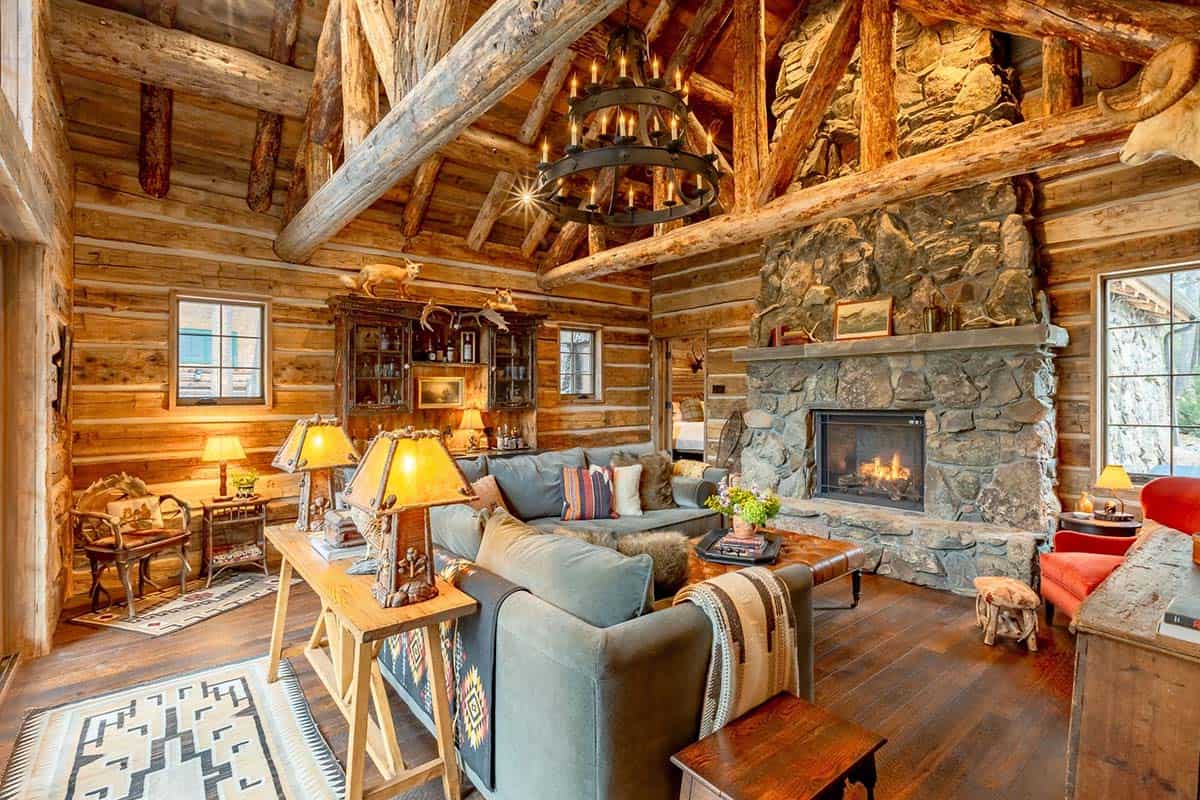 modern rustic living room with a fireplace