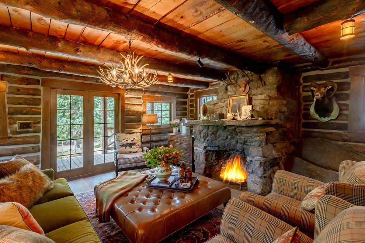 modern rustic family room with a fireplace