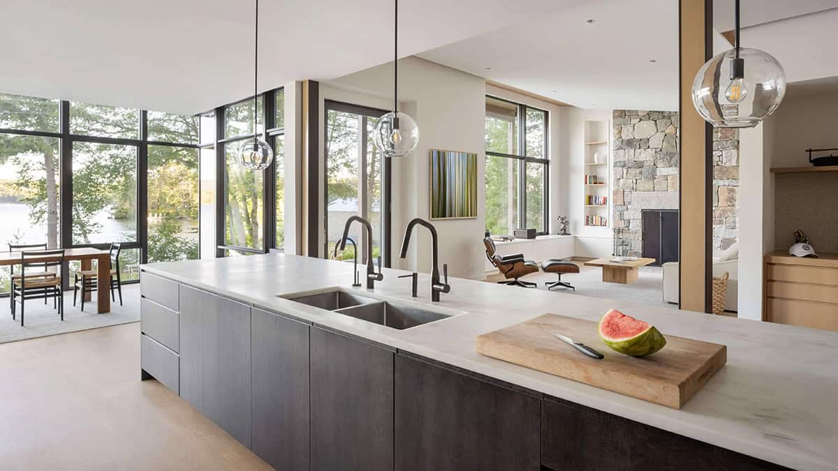 contemporary kitchen island looking towards the living room