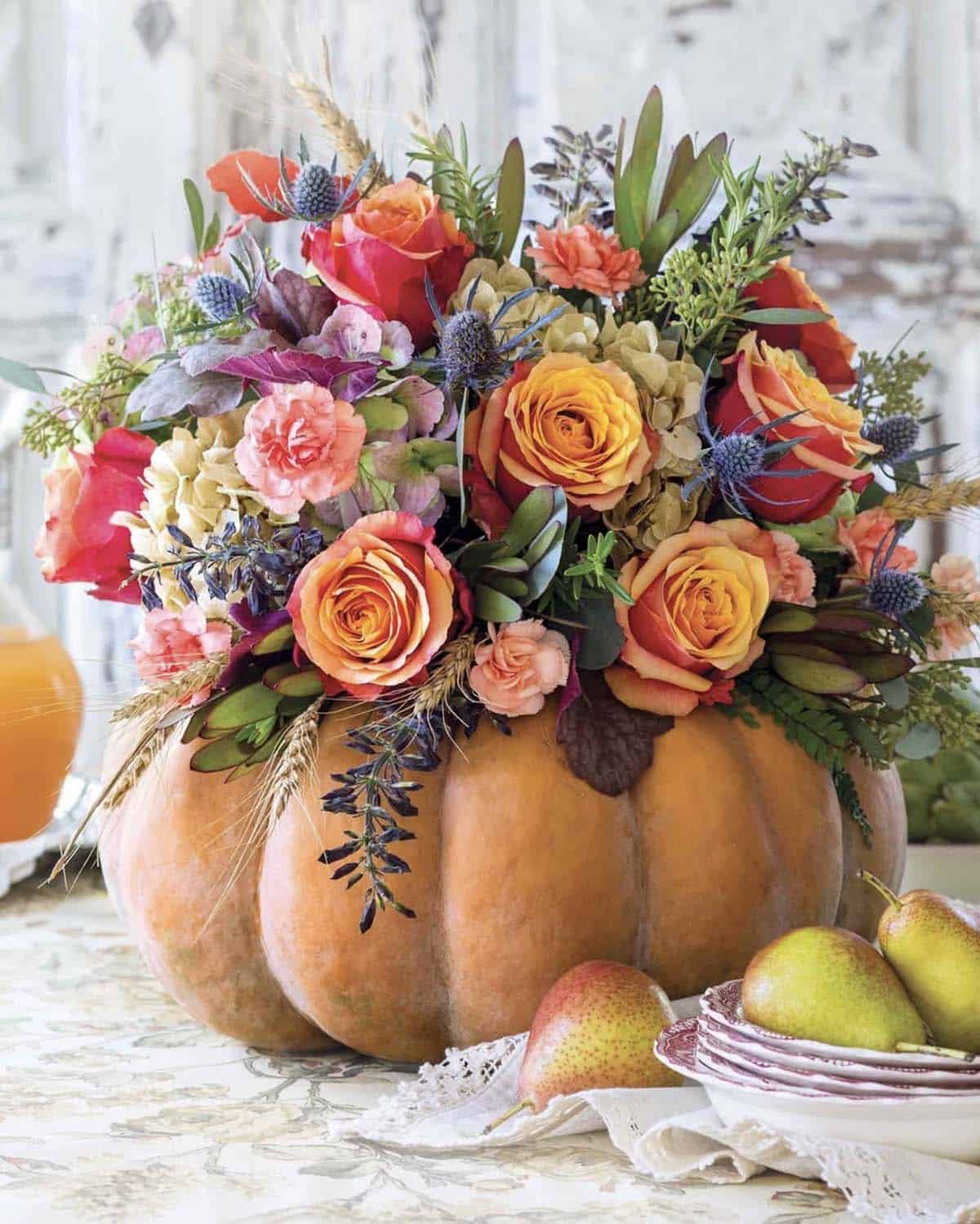 pumpkin centerpiece with flowers