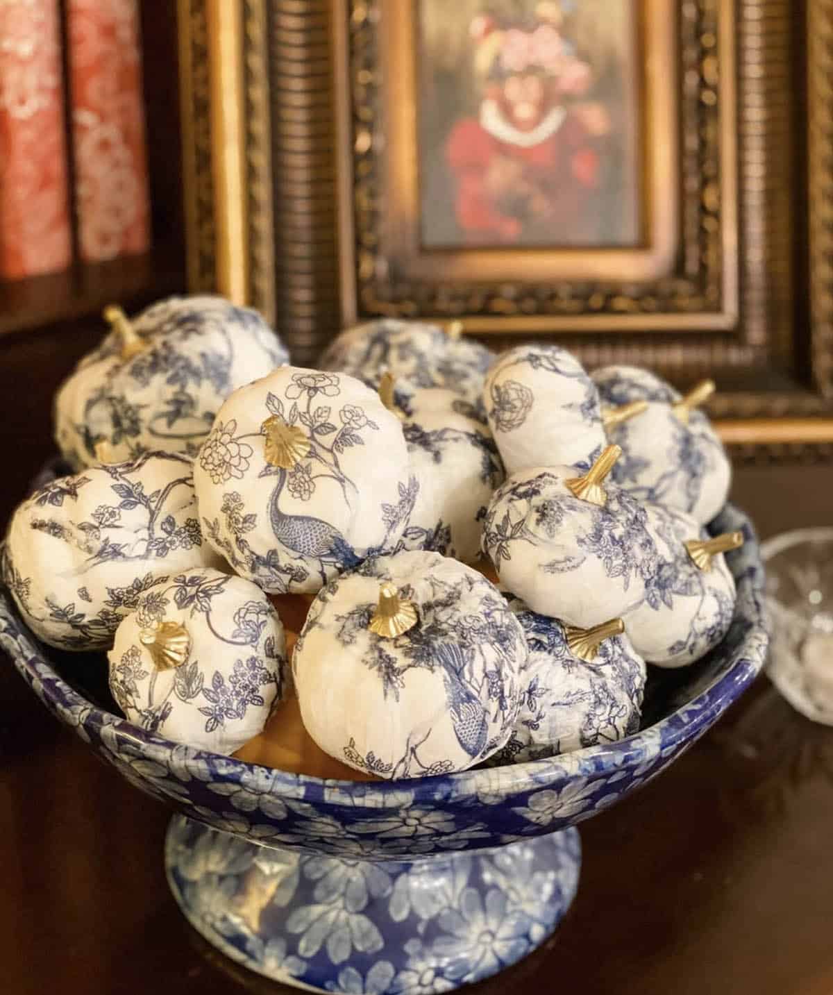 blue and white decoupage pumpkins