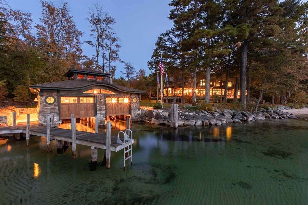 lake house exterior at dusk