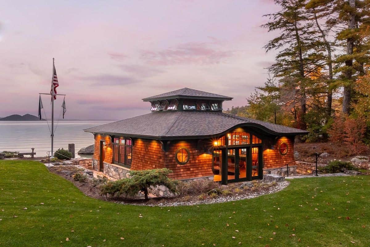 boat house exterior at dusk